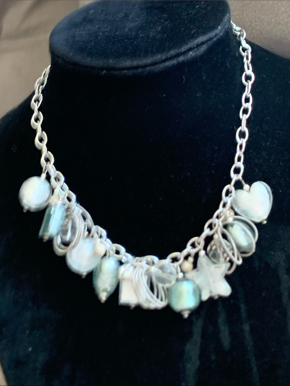 NWOT Silver Charm Necklace with Gray Glass / Crystal Pearl Accents